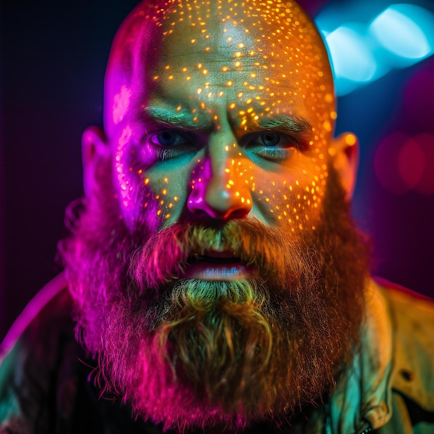 Closeup portrait of a brutal bearded man with colored lights