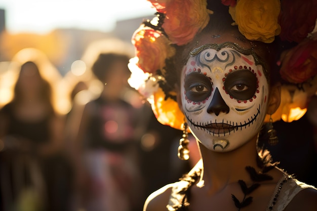 Closeup portrait of calavera catrina young woman with sugar skull makeup day of the dead