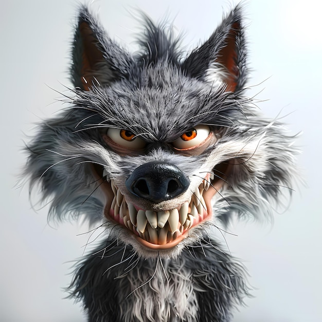 Photo closeup portrait of cartoon wolf with a mischievous grin wolf has furry gray face with red eyes