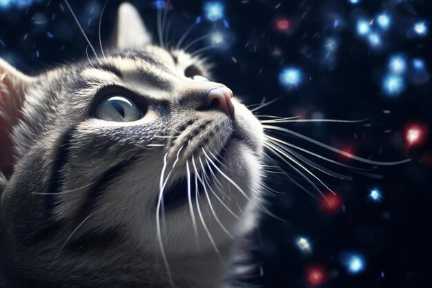 Closeup portrait of a cat on a background of stars