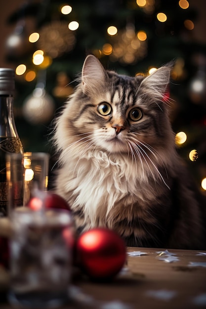 Closeup portrait of a cat celebrating christmas