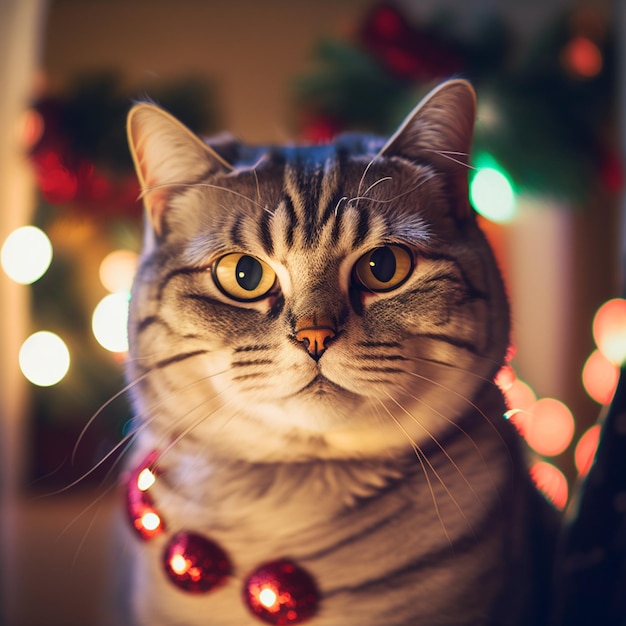 Closeup portrait of a cat christmas illustration kittie