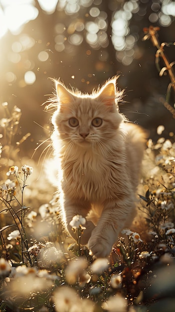 Closeup portrait of a cat at the flowers background