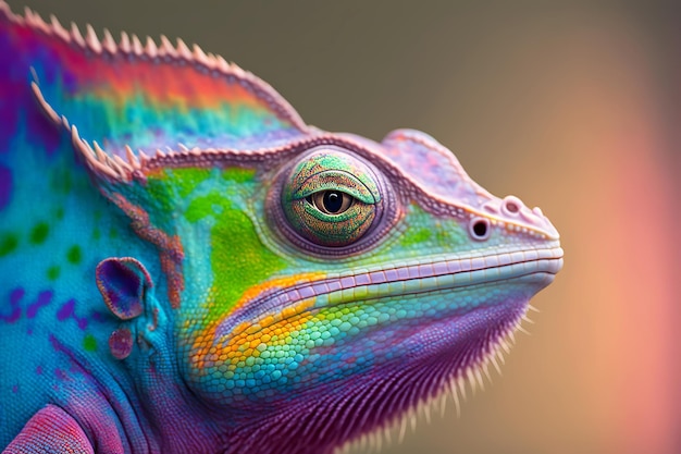 Closeup portrait of a chameleon with bright exotic skin in colorful colors Generative AI illustration