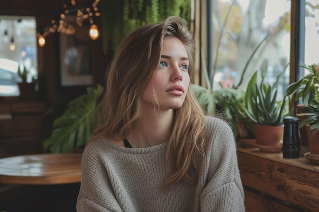 Photo closeup portrait of charming blonde young woman posing in cozy room beautiful caucasian girl in grey