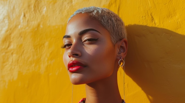 Closeup portrait of charming young black woman with dyed blonde short haircut under sunlight against