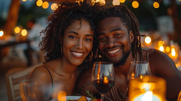 Photo closeup portrait of a cheerful african american couple enjoying a romantic dinner outdoors