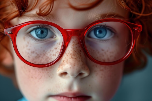 Closeup portrait of a child with red glasses