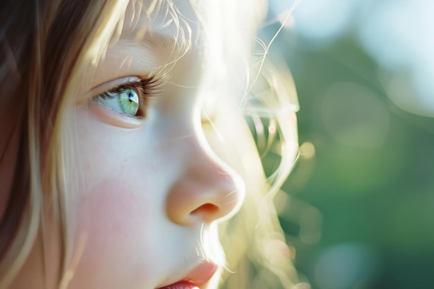 Photo closeup portrait of a childs face with blue eyes