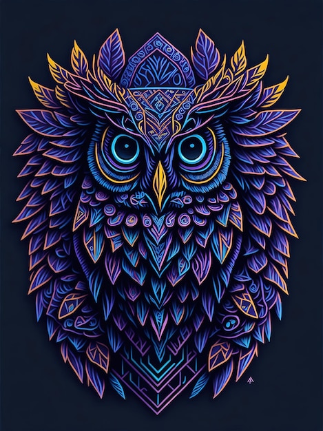 A closeup portrait of a colorful and highly detailed cute psychedelic OWL