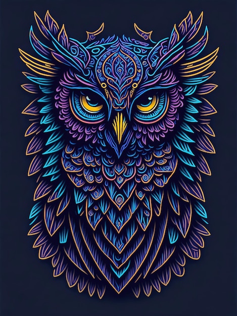 A closeup portrait of a colorful and highly detailed cute psychedelic OWL