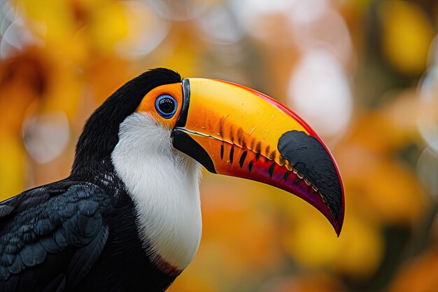 Photo closeup portrait of a colorful toucan bird with a large yellow orange beak