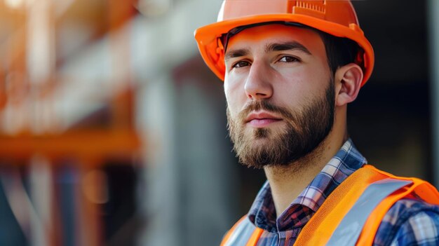 A closeup portrait of a construction worker in a hard hat and reflective vest