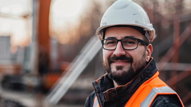 A closeup portrait of a construction worker in a hard hat and reflective vest