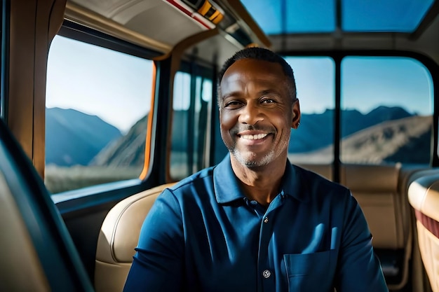 Closeup portrait of a content middleaged bus driver wearing a uniform