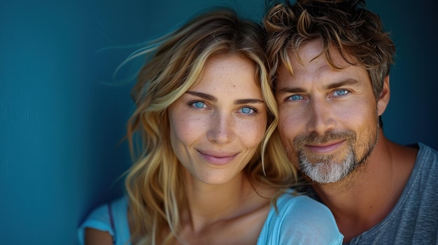 A closeup portrait of a couple with matching blue eyes