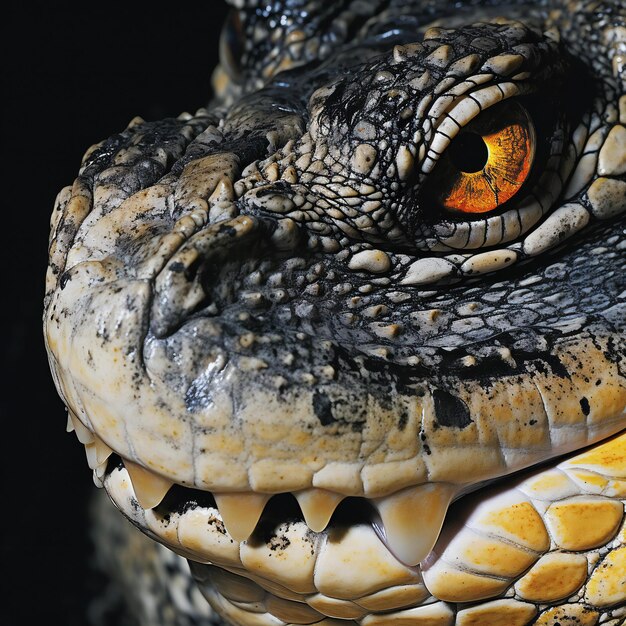 Closeup portrait of a crocodile with orange eyes on a black background