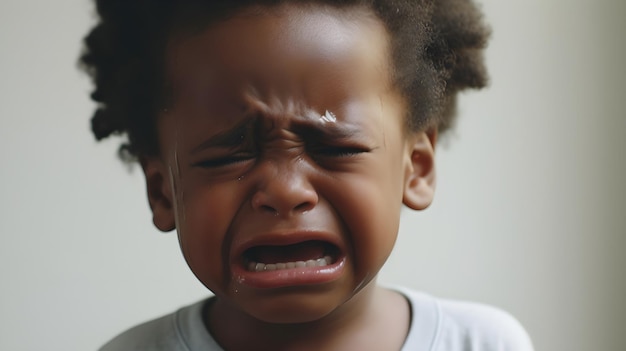 Closeup portrait of crying black boy toddler against white background with space for text