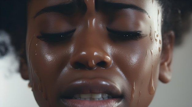 Closeup portrait of crying black female against white background with space for text AI generated