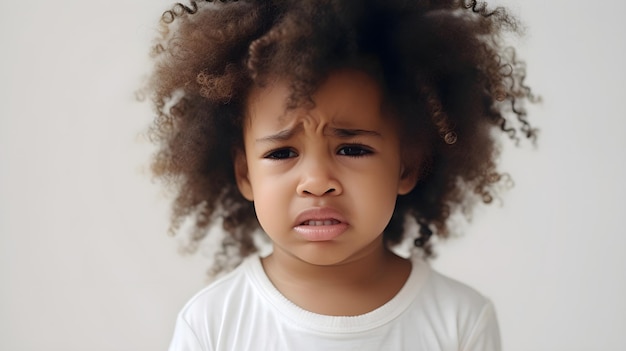 Closeup portrait of crying black girl toddler against white background with space for text