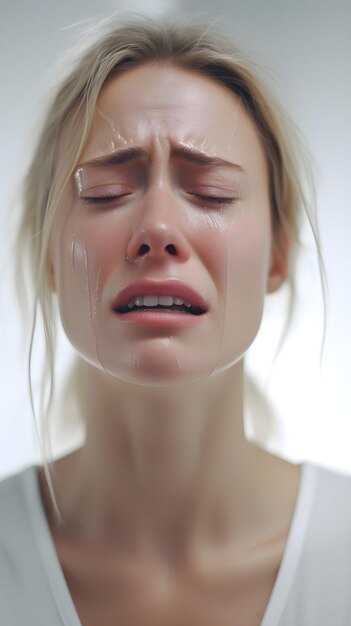 Closeup portrait of crying white female against white background with space for text AI generated