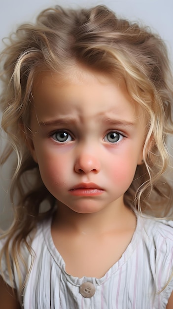 Closeup portrait of crying white girl toddler against white background with space for text