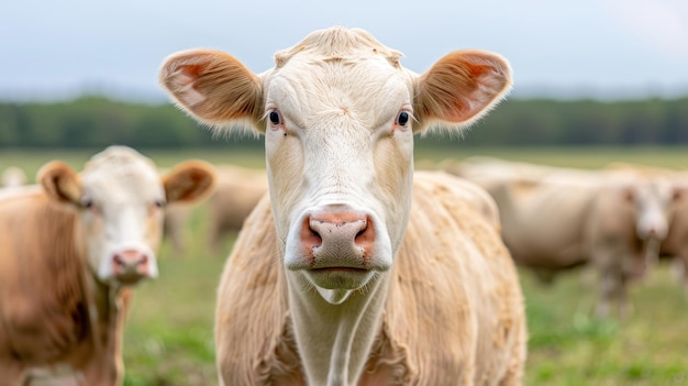 closeup portrait of a curious white and brown cow in a pasture with other cows in the background looking directly at the camera