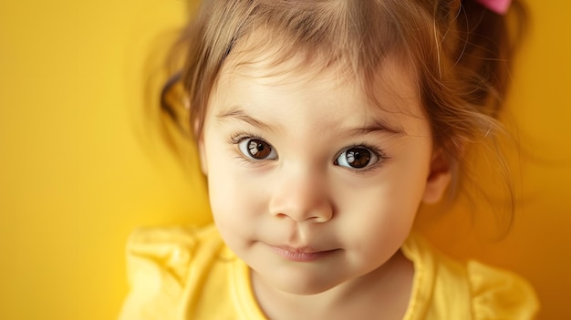 Closeup portrait of a cute little girl Studio shot over yellow background Childhood Generative AI