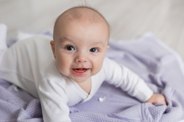 Closeup portrait of a cute newborn baby lying on his stomach on a lilac blanket on the floor