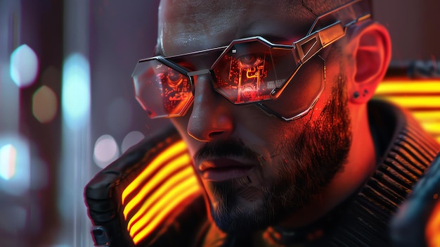 Closeup portrait of a cyberpunk man wearing futuristic sunglasses