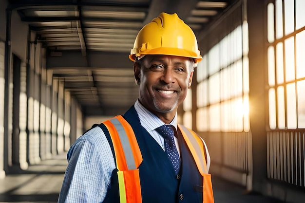 Closeup portrait of a delighted middleaged engineer wearing a hard hat and safety vest