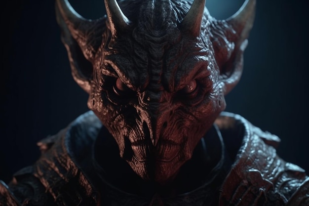 Closeup portrait of a demon warrior with horns on a black background