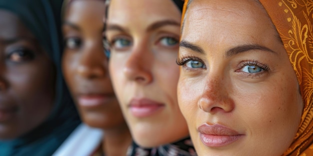 Photo closeup portrait of diverse women wearing colorful hijabs showcasing cultural diversity and unity through vibrant expressions