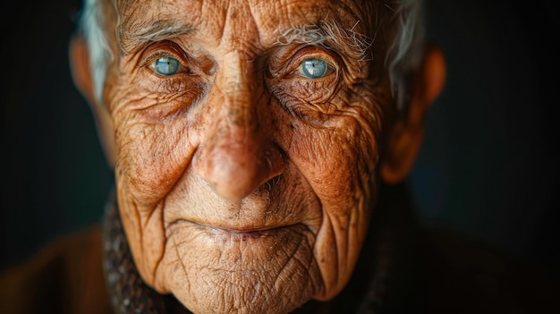 Closeup portrait of elderly man with blue eyes and contemplative expression