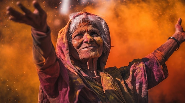 A closeup portrait of an elderly woman with colorful powder on her face celebrating the Holi festival AI generated