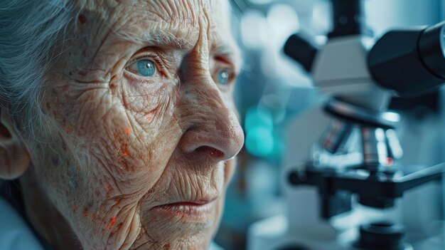 Photo closeup portrait of an elderly woman with a microscope in the background