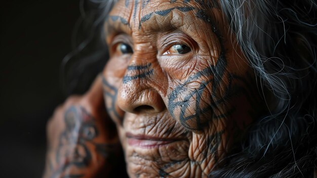 Closeup portrait of an elderly woman with traditional tribal tattoos on her face