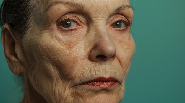 Photo closeup portrait of an elderly womans face the woman has wrinkles and age spots and her eyes are slightly open