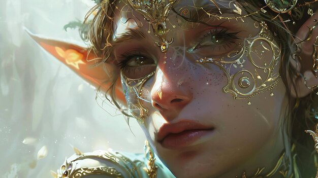 Photo closeup portrait of an elf with golden jewelry and a delicate mask