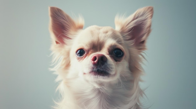 A closeup portrait of an expressive Chihuahua on a gradient background highlighting its charm and personality