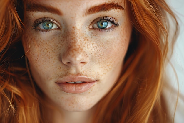 Photo a closeup portrait of the face and eyes of an extremely beautiful woman with long red hair with fre