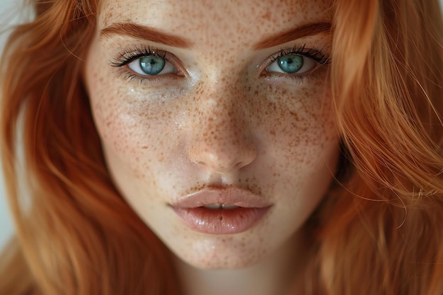 Photo a closeup portrait of the face and eyes of an extremely beautiful woman with long red hair with fre