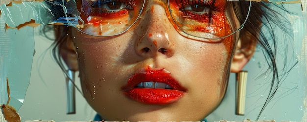 Photo closeup portrait of a fashionable woman with bold makeup and modern glasses