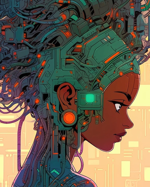 Closeup portrait of female android with complex wires and circuits concept of sentient machines Generative AI illustration in comic book style