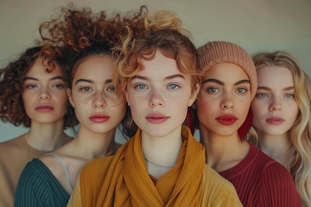 Photo closeup portrait of five young multiethnic female models standing together on grey background