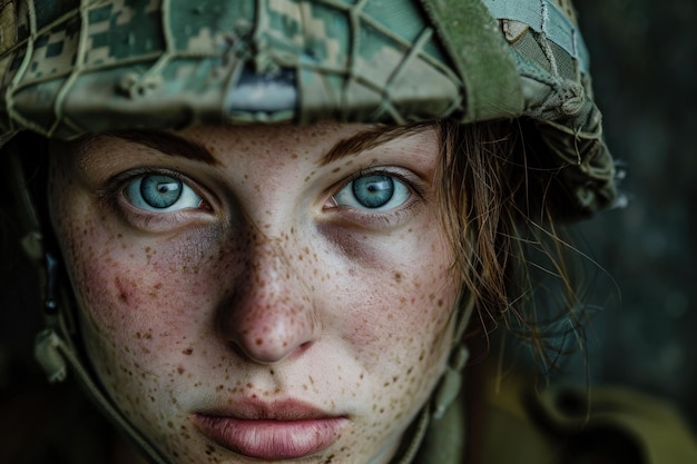 Closeup portrait of a focused female soldier in camouflage gear showcasing her piercing blue eyes and the subtle details of her freckled face conveying strength and determination