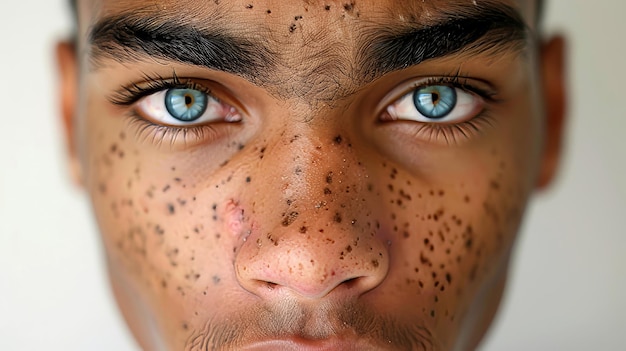 Photo closeup portrait of a freckled face african man with striking blue eyes gazing intently