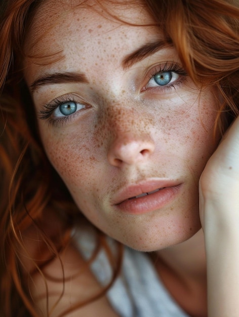 Photo closeup portrait of freckled redhead woman with blue eyes