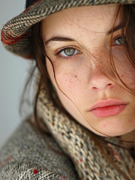 CloseUp Portrait of Freckled Woman in Cozy Winter Attire