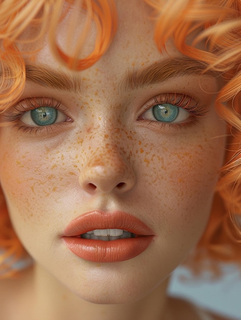 CloseUp Portrait of Freckled Woman with Vibrant Orange Hair and Blue Eyes